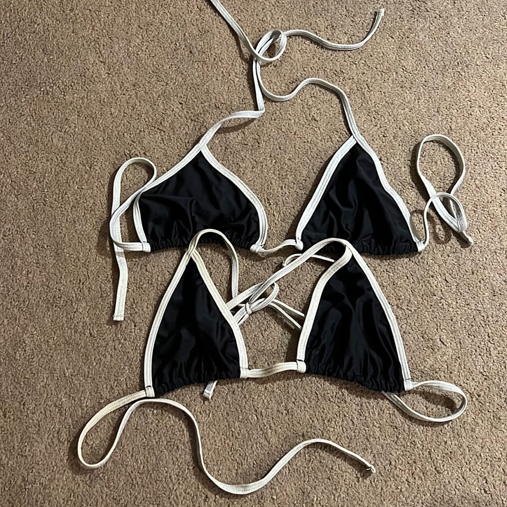 LOT 2 American Apparel String Triangle Bikini Tops Slide Black w/Metallic Silver - Picture 1 of 8